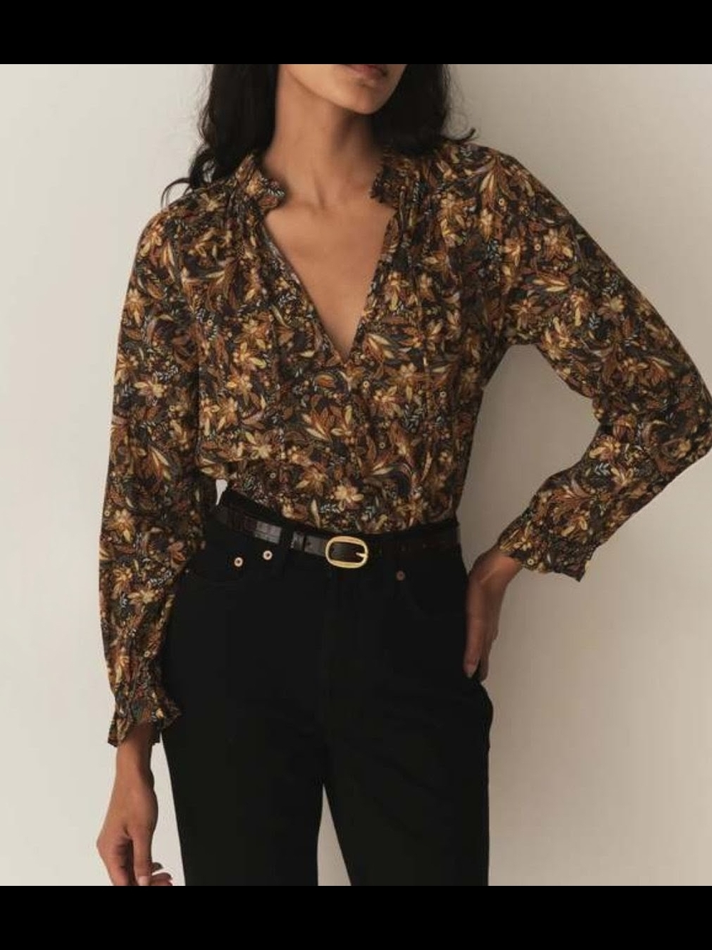 Doen Women's Juna Noir Narcicius Floral V-Neck Ruffled Blouse - Size XS